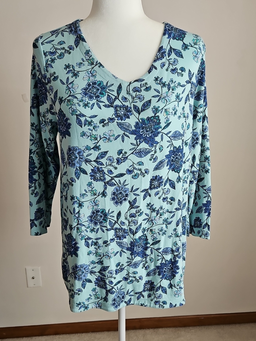 J Jill 100% Pima Cotton 3/4 Sleeve Tunic Top Blue Floral Cottage LG Feminine - Picture 6 of 9